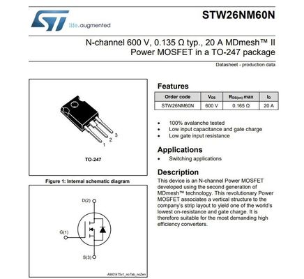 N-kanal 600V, 0.065 Ω tip., 40A Güç MOSFET TO-247 paketinde STW48N60DM2 Alan Etkisi Transistörü